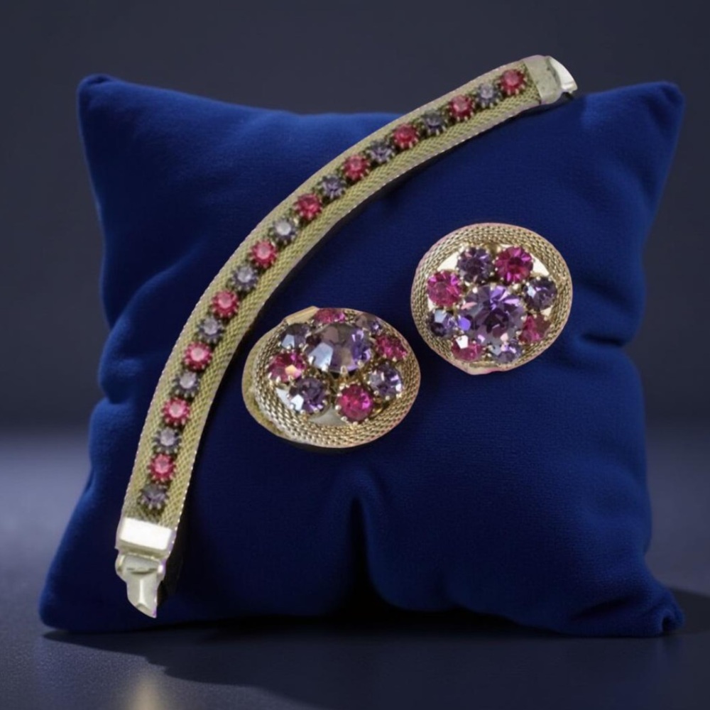 Weiss Mesh Purple Pink Rhinestone Bracelet  & Earrings, 1950s Vintage Jewelry - Picture 8 of 12